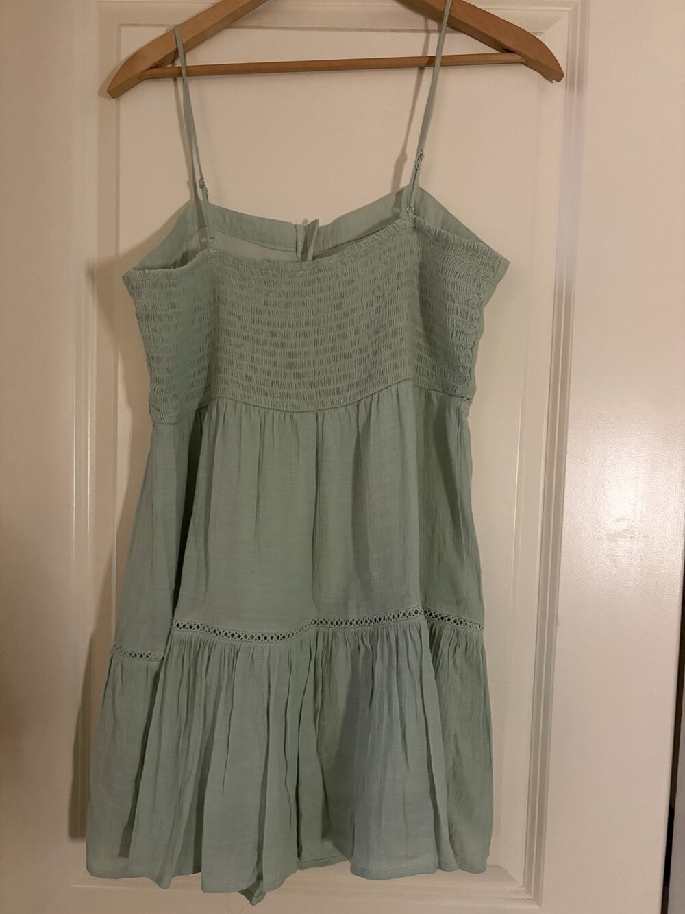 Love Tree Smocked Babydoll Dress Women’s L Green Cottagecore Mini Spaghetti Stra
